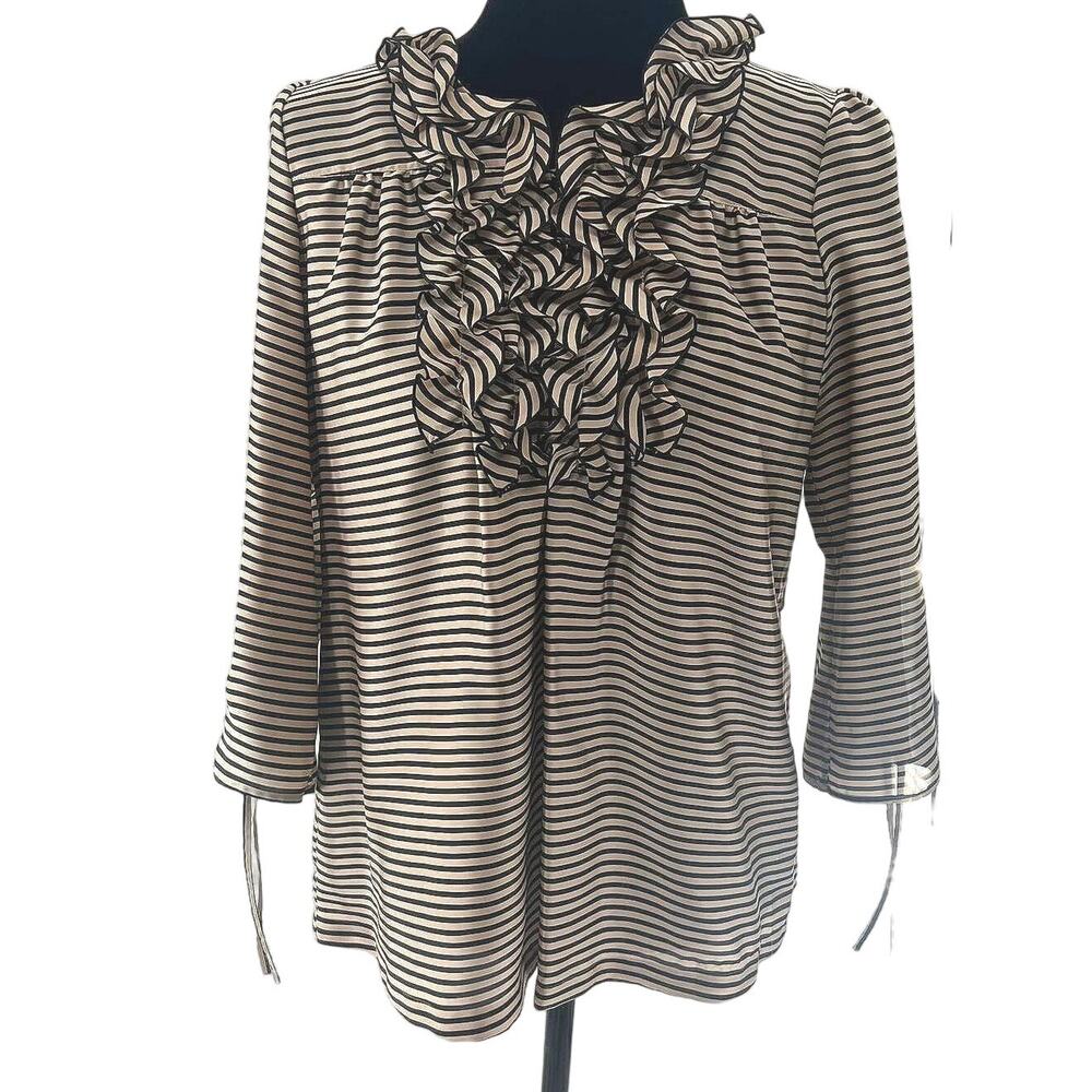 Eva Franco Tan and Black stripped ruffle collar top size 6